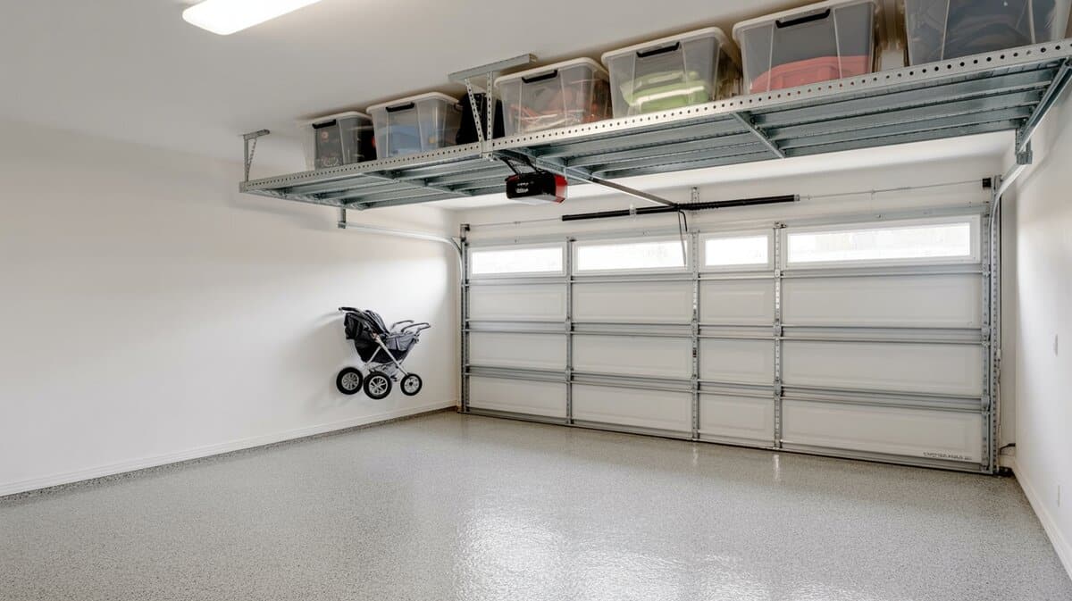 Ceiling-mounted metal overhead storage rack holds clear plastic bins above a clean epoxy floor garage with white glass panel door