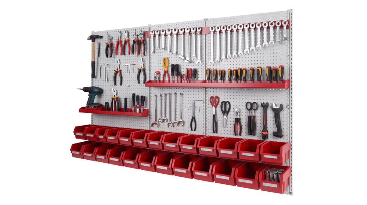 Large white metal pegboard system with red shelves and red parts bins displaying wrenches pliers screwdrivers and power tools