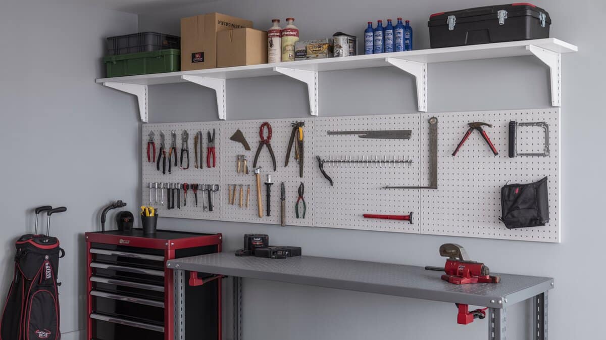 White bracket wall shelving above a large white pegboard with hand tools, steel workbench with red bench vise and red tool chest below