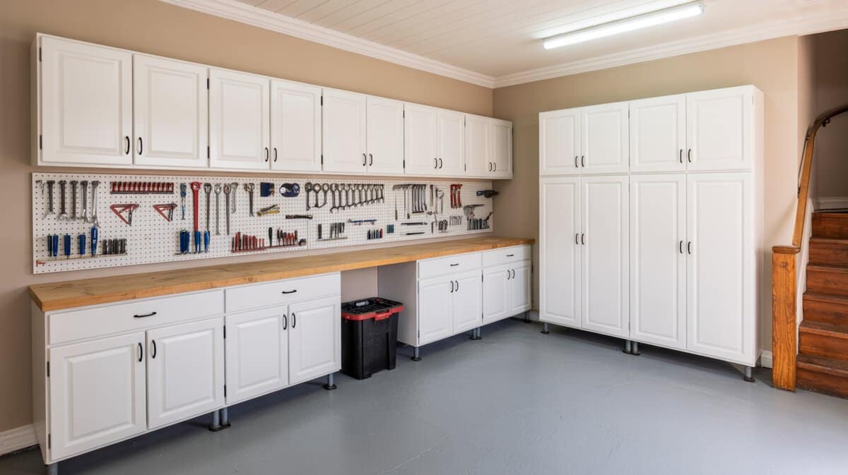 White shaker cabinet garage workshop with a long butcher block workbench and white pegboard loaded with organized hand tools