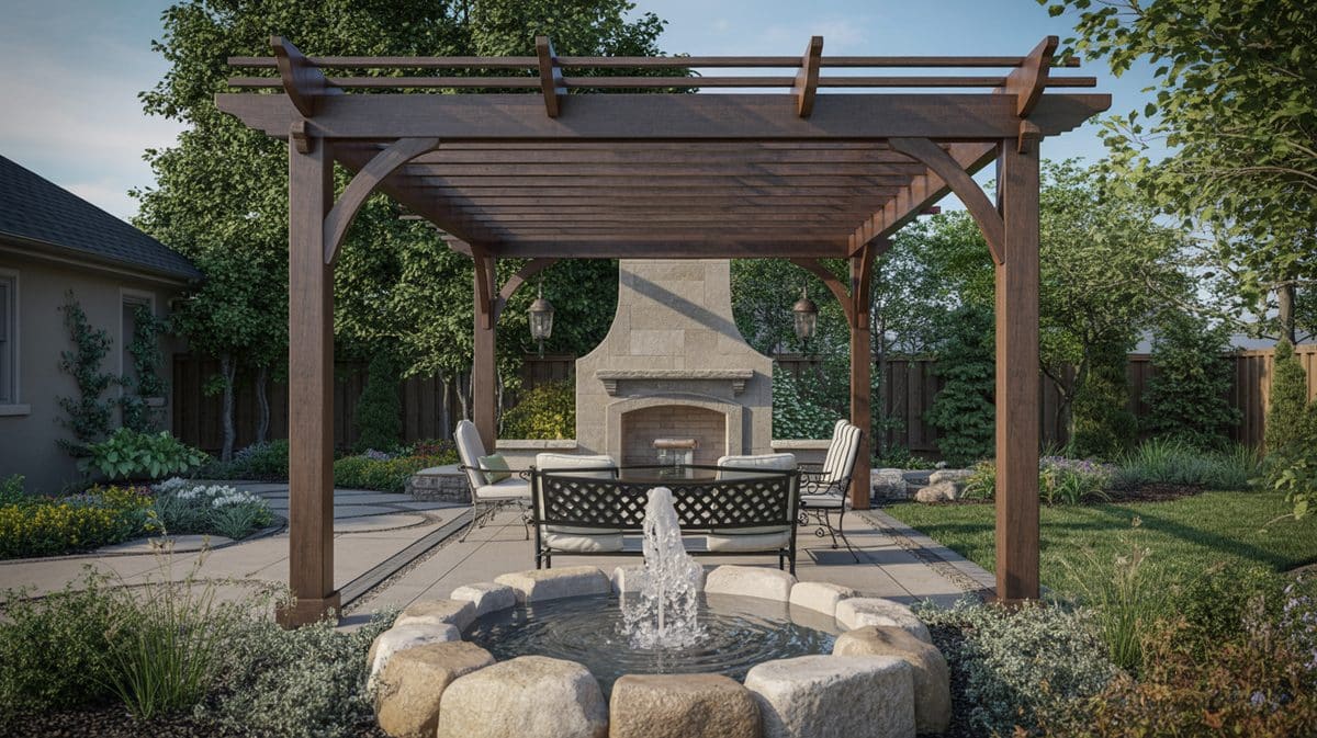 Geometric Flat Kite Top Wood Pergola Bamboo Posts Sky View