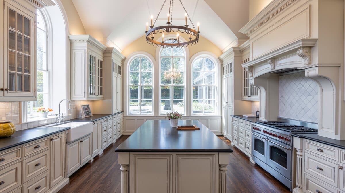 Grand traditional white kitchen with black countertops and soaring arch windows overlooking garden