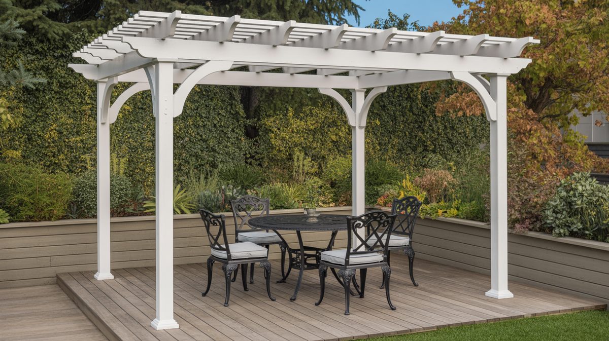 Gray Weathered Pergola Wide Slats Metal Chairs Patio Sunset