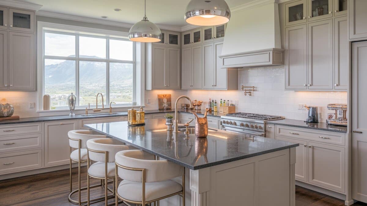 Gray and white kitchen with polished dark granite island overlooking mountain landscape through window