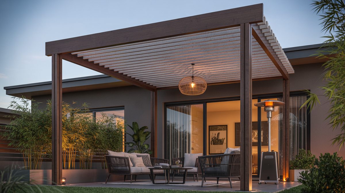 Luxury Mansion Wood Pergola Reflecting Pool Marble Tile Lounge