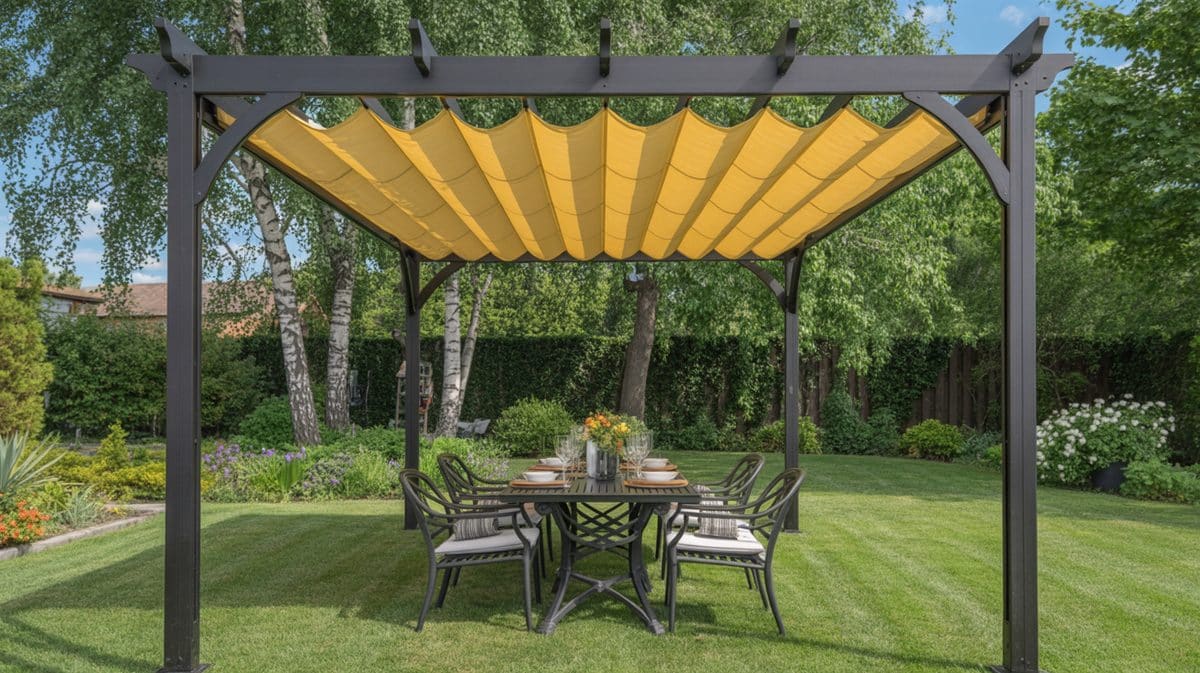 Mahogany Wood Pergola Covered Patio Rattan Orange Cushions Tv Wall