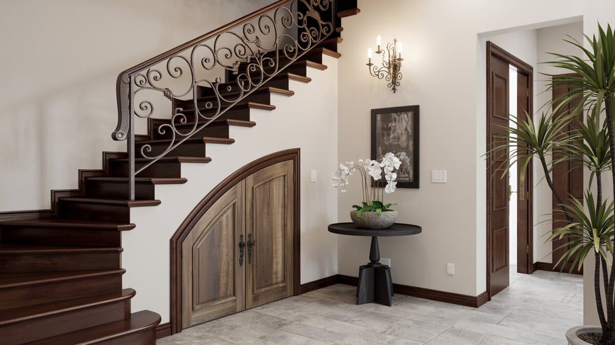 Mediterranean foyer under stairs arched wood door iron railing