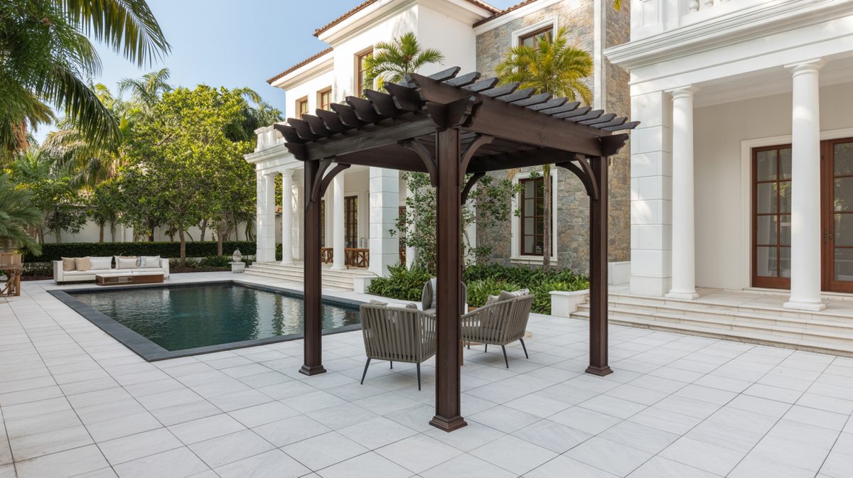 Modern Dark Wood Pergola Covered Patio Rattan Furniture Evening