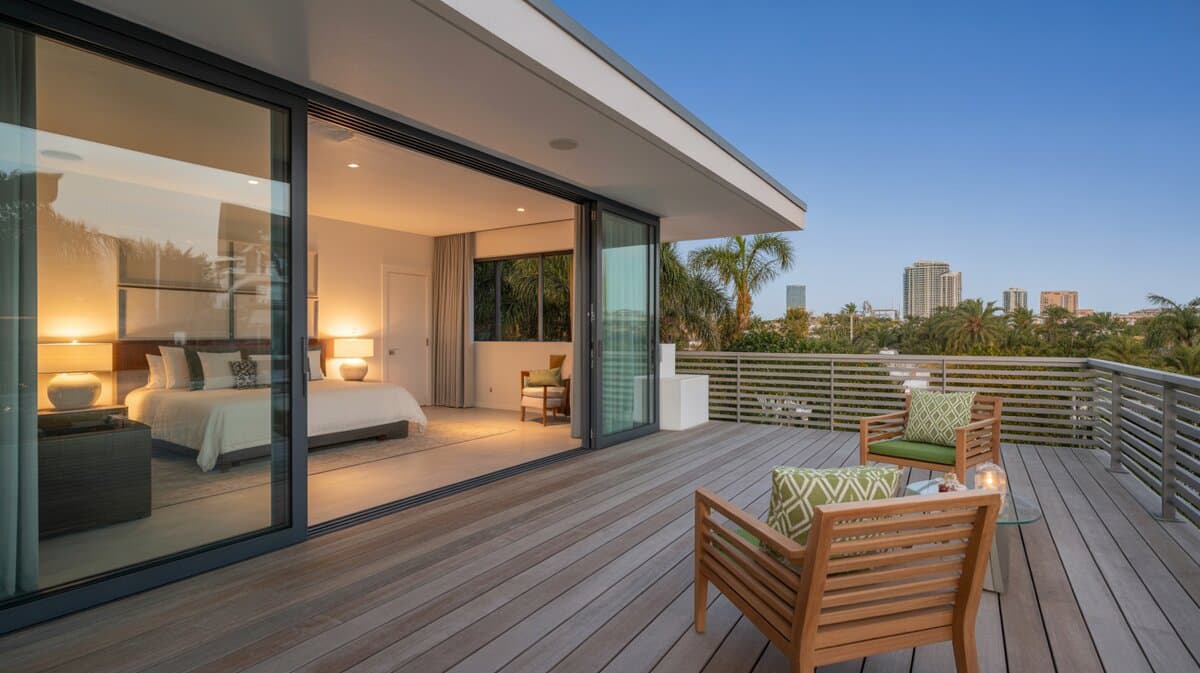 Modern master bedroom terrace with gray composite deck planks, teak chairs and city skyline at dusk