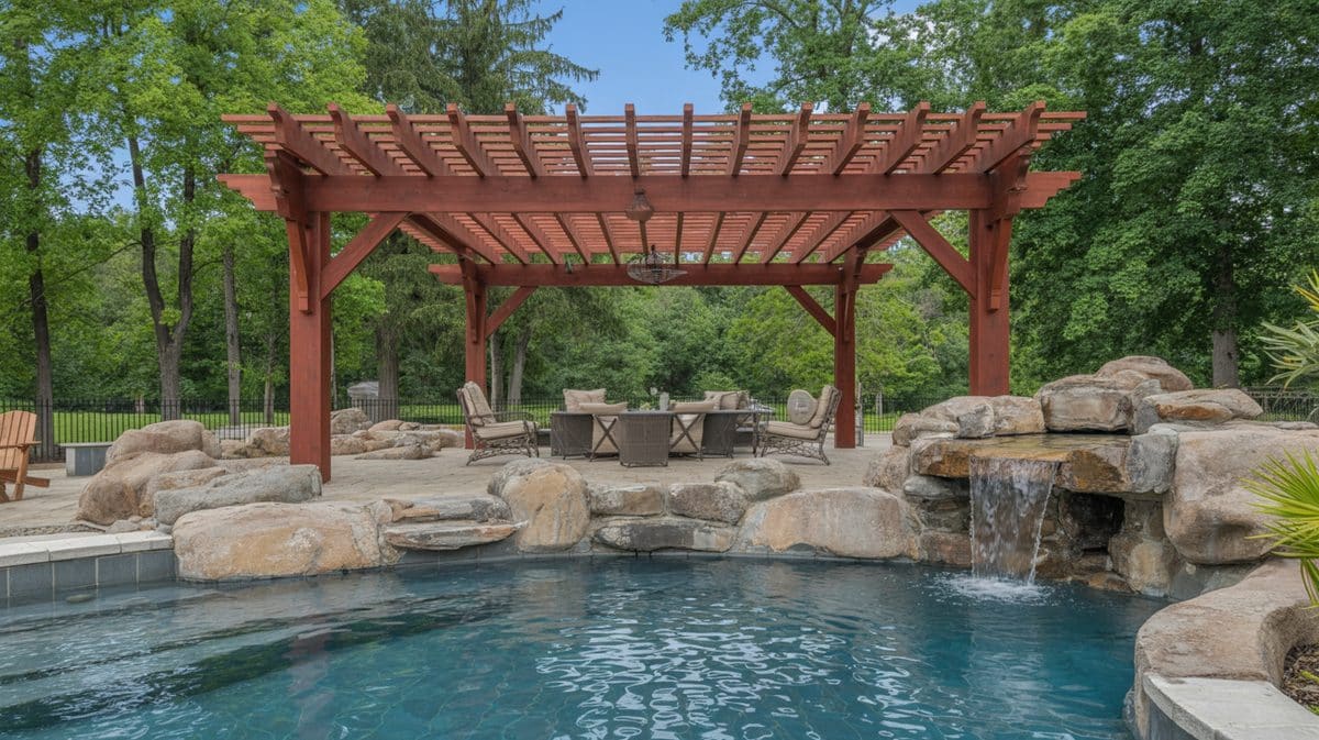 Modern Teak Pergola Contemporary White House Stone Clad Base