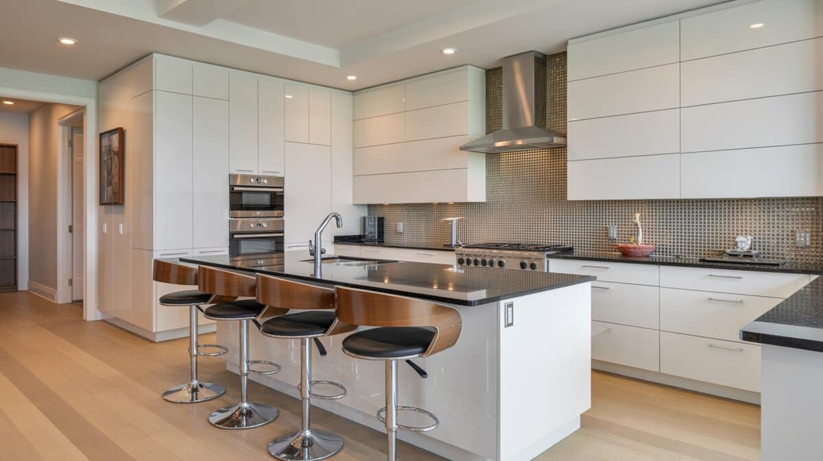Contemporary white flat-panel kitchen with black granite island and curved leather barstools