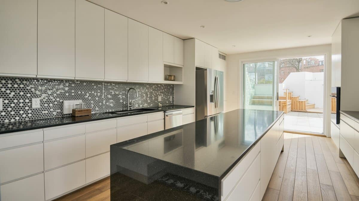 Modern minimalist white kitchen with long black granite peninsula and hexagonal mosaic tile backsplash