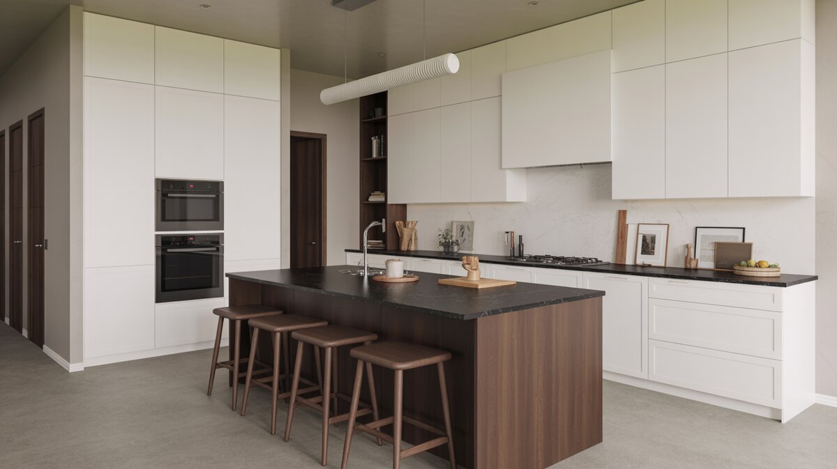 Modern open kitchen with tall white cabinets and espresso brown island with black granite top