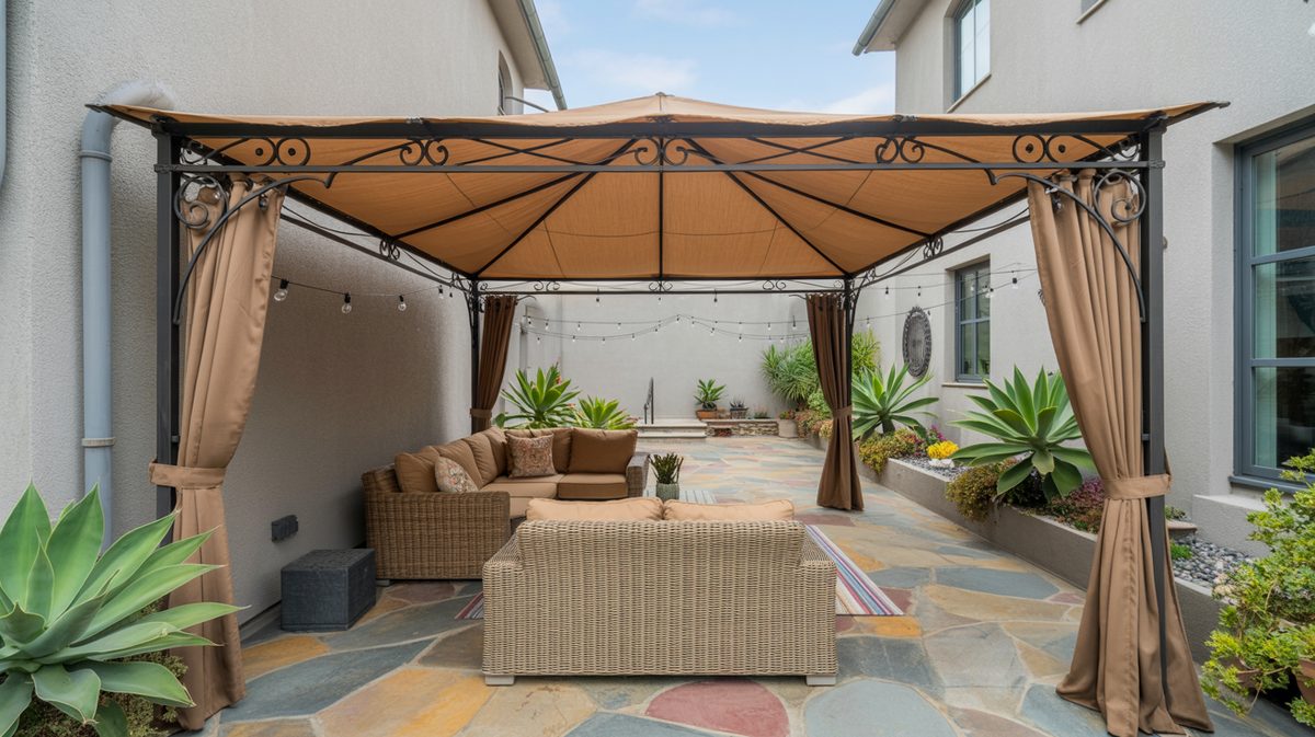 Natural Cedar Pergola Concrete Patio Dark Rattan Seating Backyard