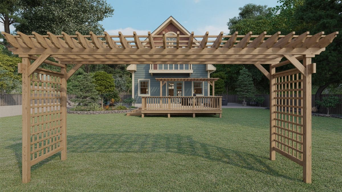 Natural Cedar Pergola Pool Stone Fireplace Waterfall Flowers