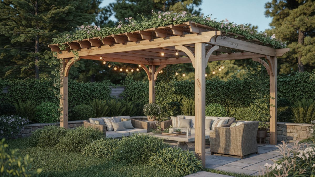 Natural Maple Wood Pergola Pool Patio White Dining Umbrellas