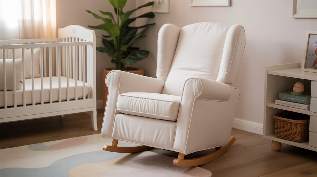 Nursery rocking chair in white plush with wide arms next to a baby crib in a pastel room