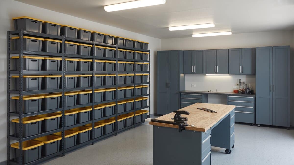 Garage wall lined with gray storage bins with yellow lids on metal rack shelving, slate blue cabinets and butcher block workbench on right
