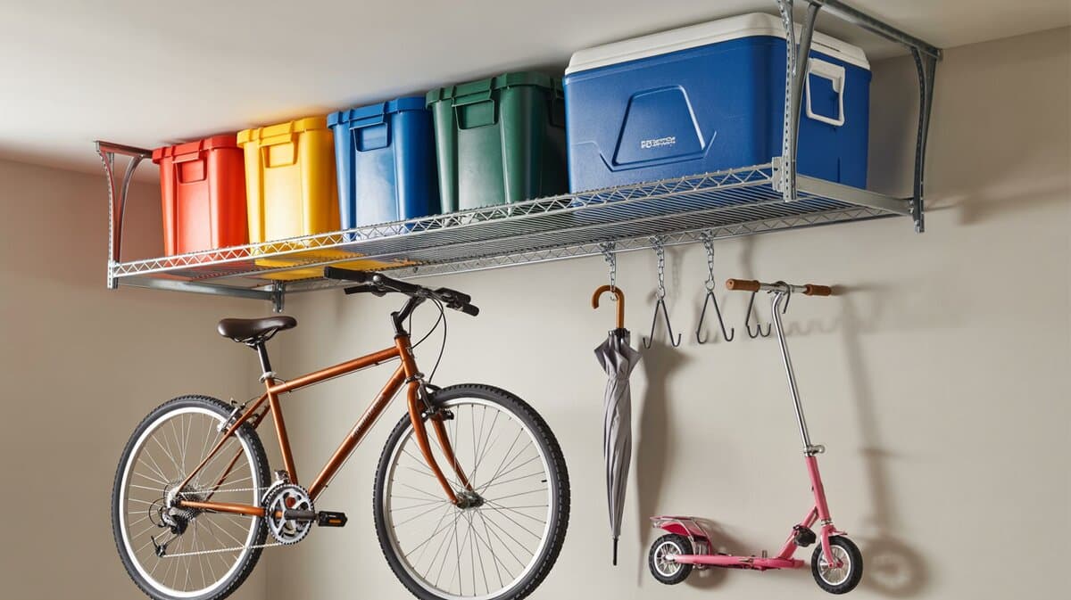 Wire overhead garage rack with rainbow-colored storage bins and blue cooler with orange bicycle umbrella and pink scooter on hooks below
