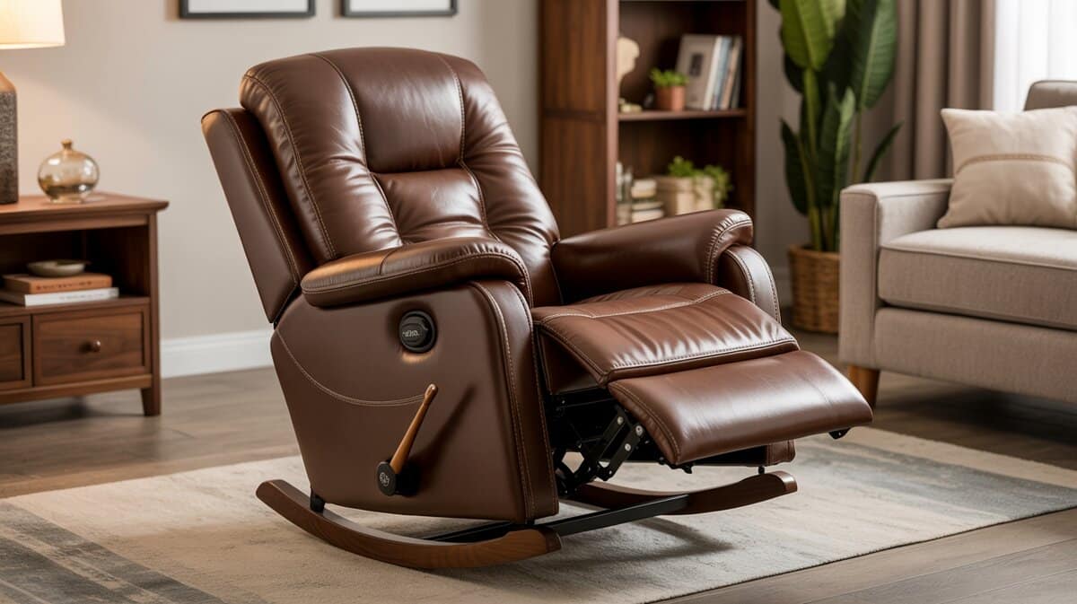 Reclining rocking chair in brown leather with manual recline and footrest on walnut rockers