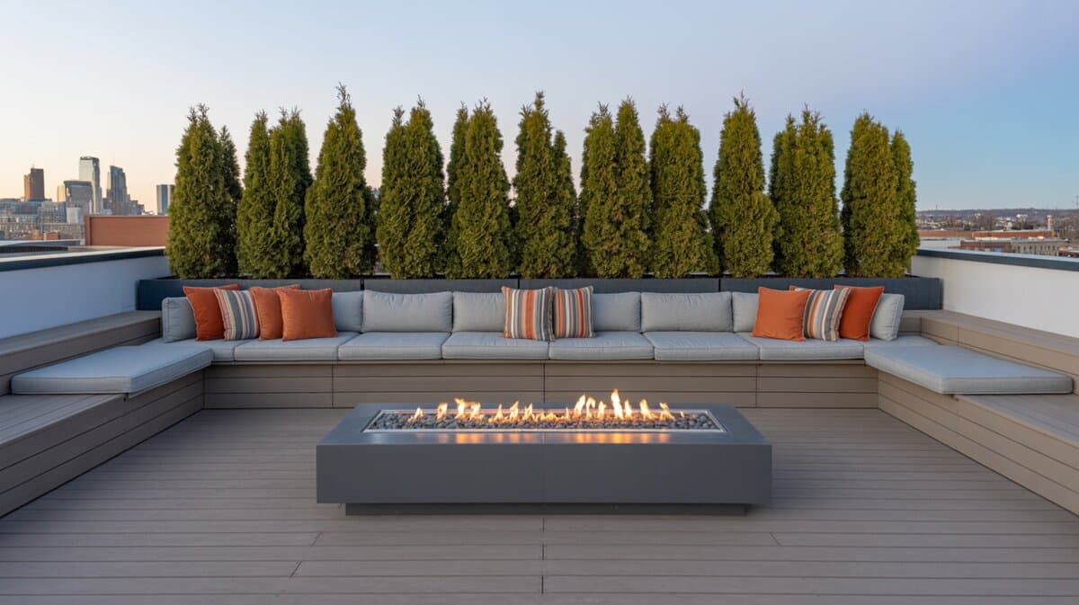 Rooftop deck with gray composite planks, long built-in bench with orange pillows and rectangular gas fire pit
