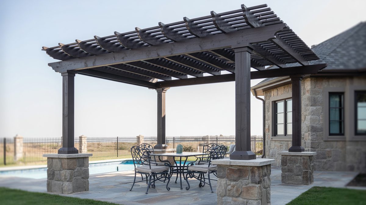 Round Circular Wood Pergola Wicker Seating Travertine Patio Garden
