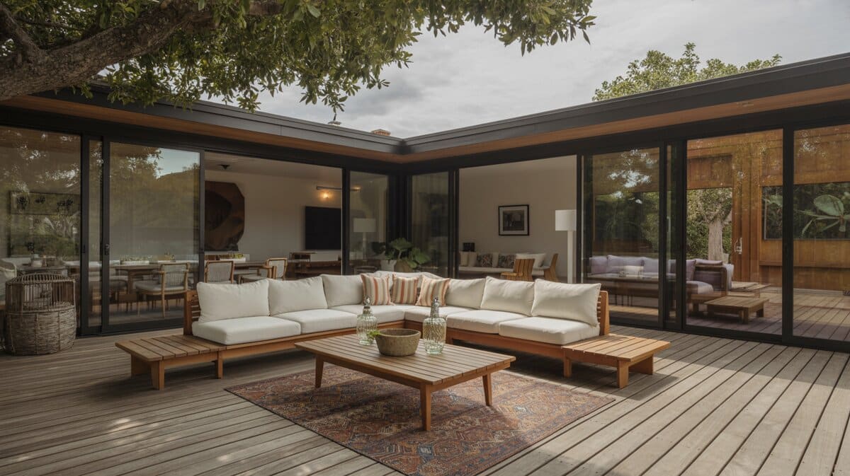 Mid-century modern courtyard deck with teak sectional sofa, slatted coffee table and ornate rug