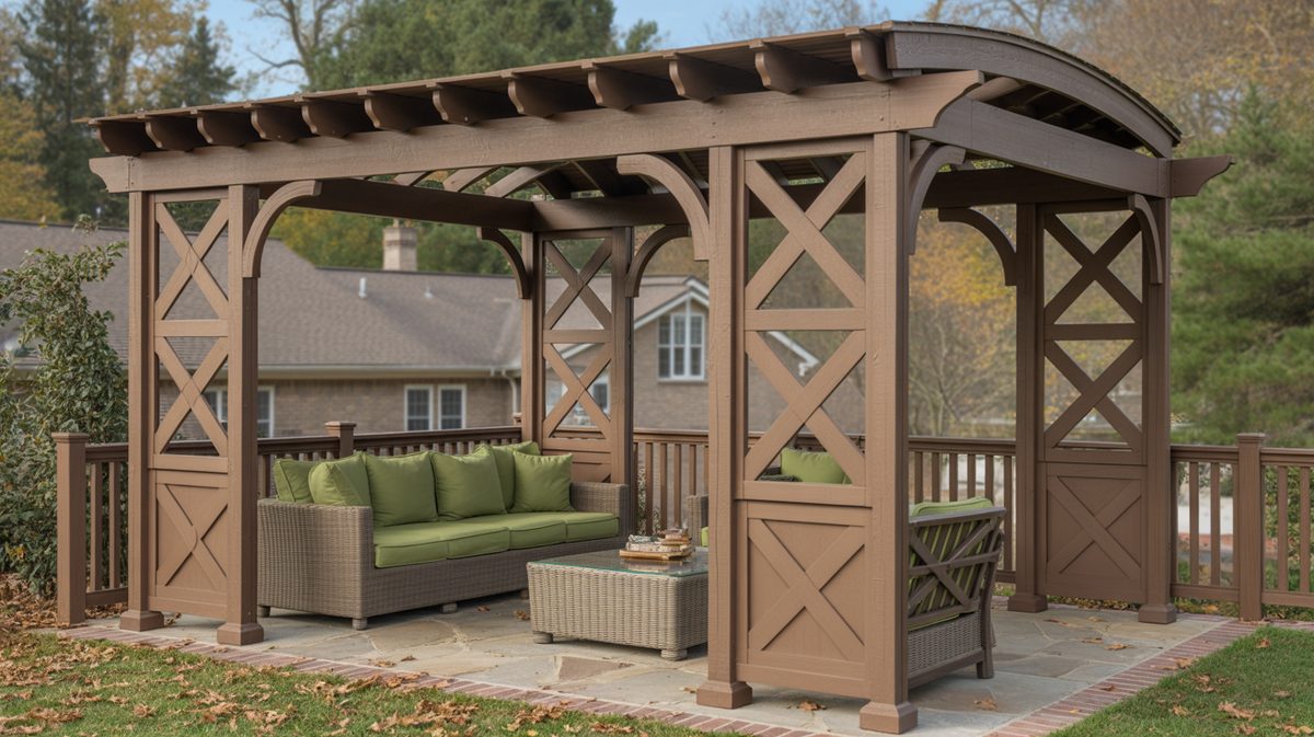 Rustic Log Pergola White Fabric Canopy Stone Table Garden Patio