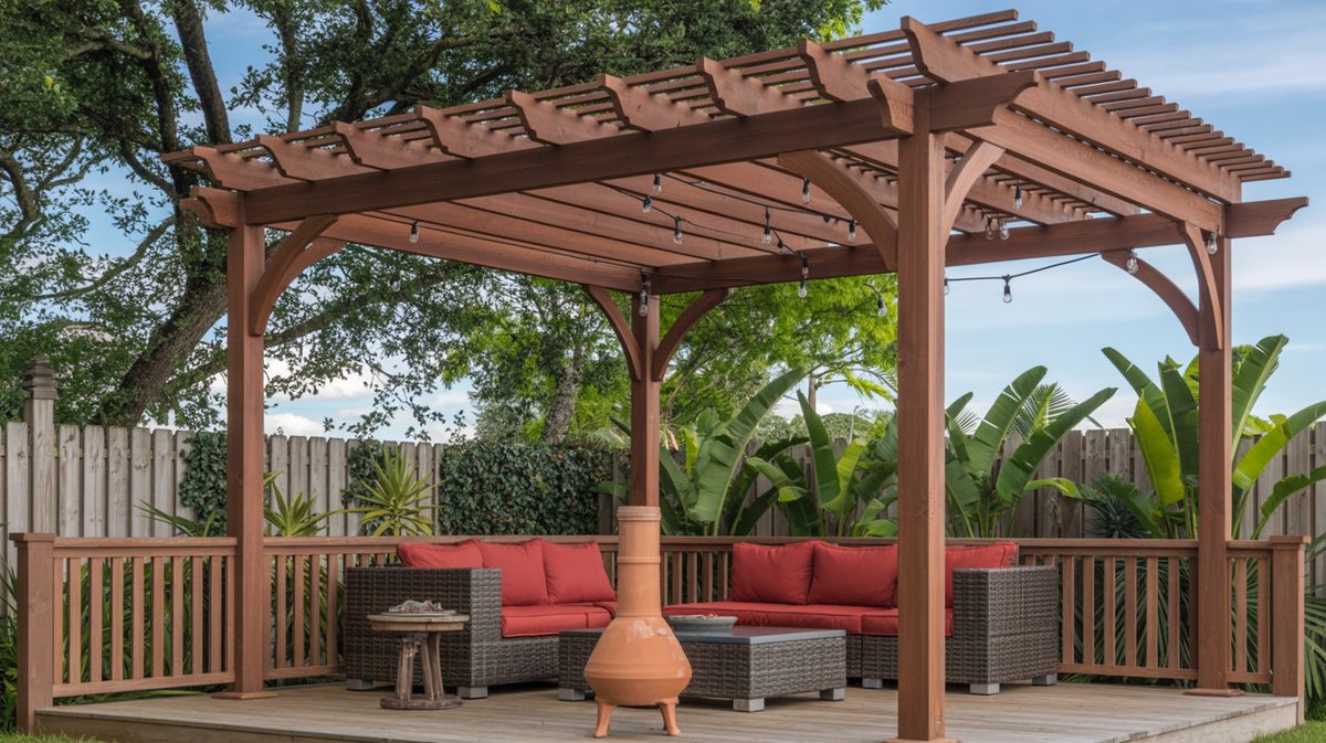 Sage Green Pergola Diamond Lattice Sides Teak Deck Hanging Flowers