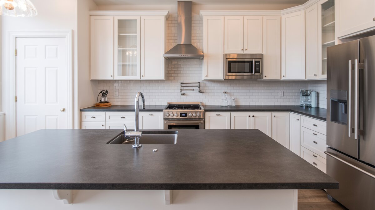 Simple modern white kitchen with large dark gray matte granite peninsula and white subway tile backsplash