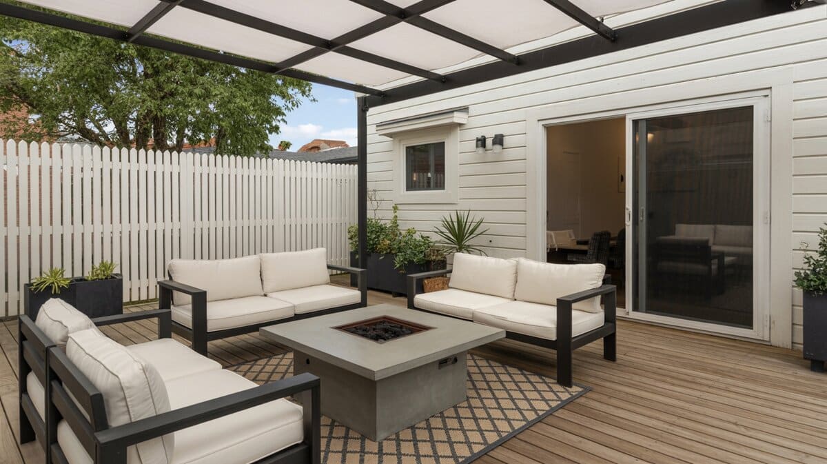 Small modern backyard deck with concrete fire pit, black metal pergola frame and white picket fence