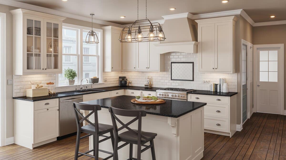 Compact white shaker kitchen with black granite island industrial schoolhouse pendant and black stools