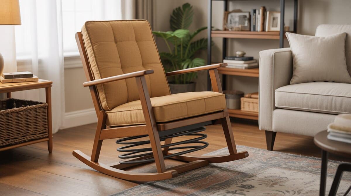 Spring rocking chair with padded seat and hidden spring base in a living room