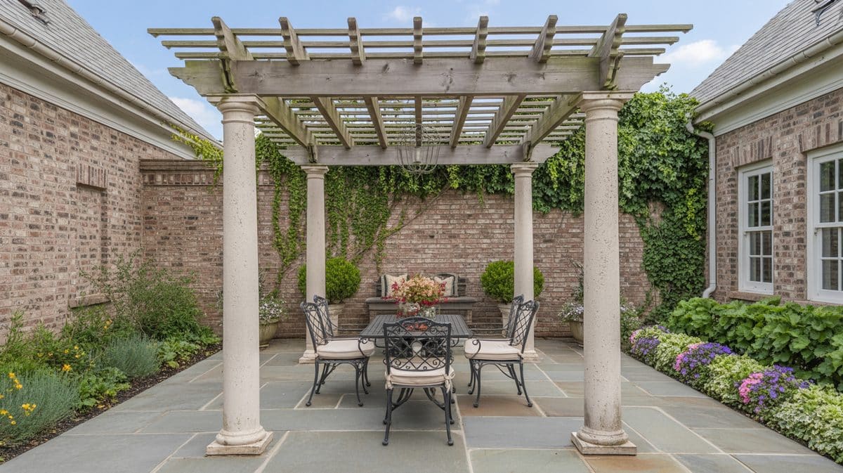 Stone Column Pergola Wood Log Trellis Grapevines Mountain Lake View