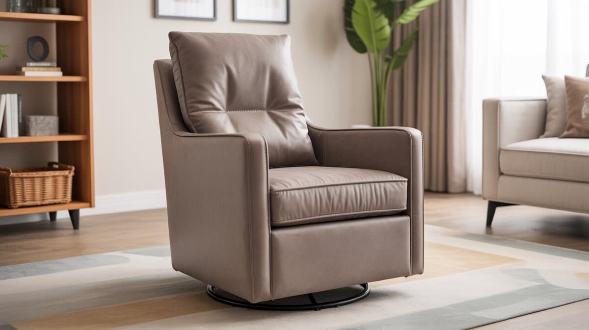 Swivel glider rocking chair in gray microfiber with 360-degree rotation in a living room