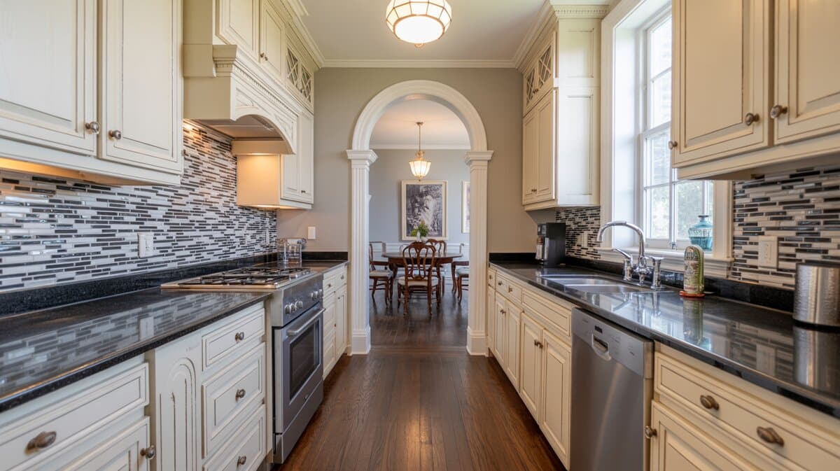 Traditional white kitchen with black granite countertops and black and gray glass mosaic backsplash