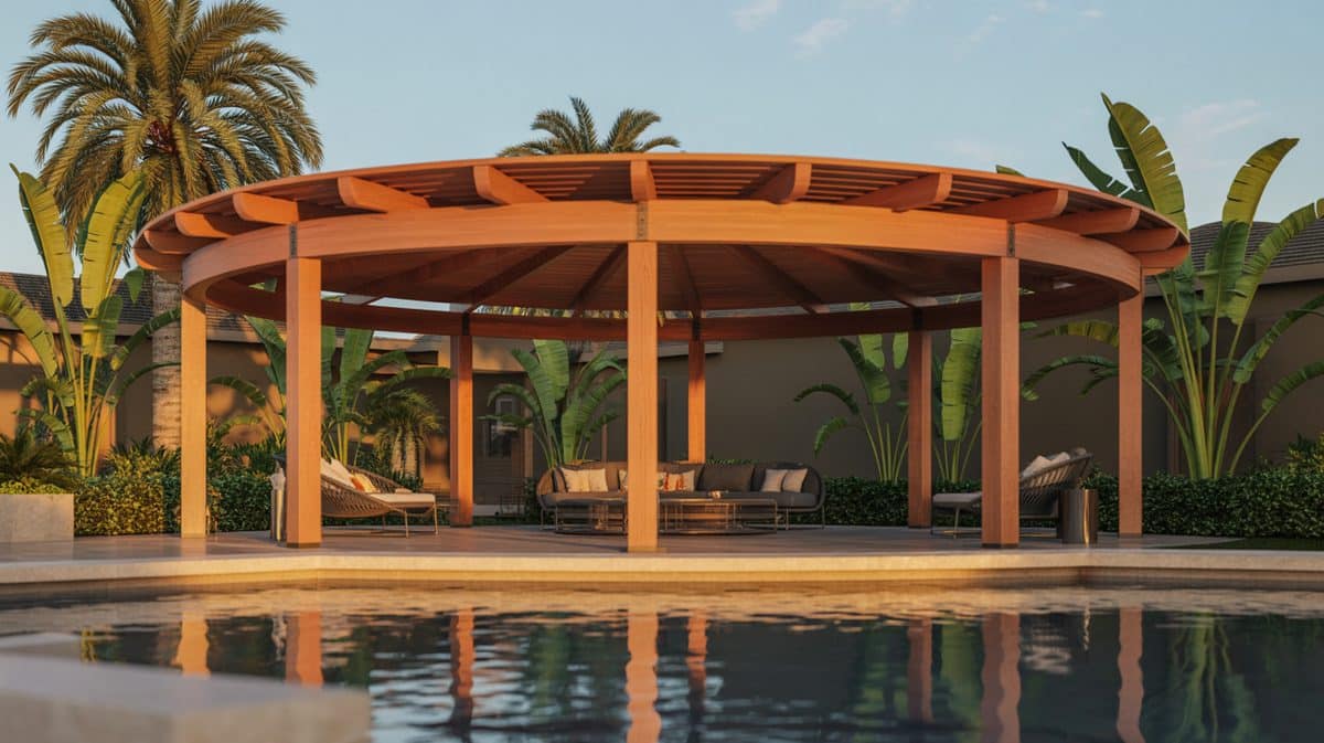 Two Post Wood Pergola String Lights Fire Pit Red Bench Flagstone