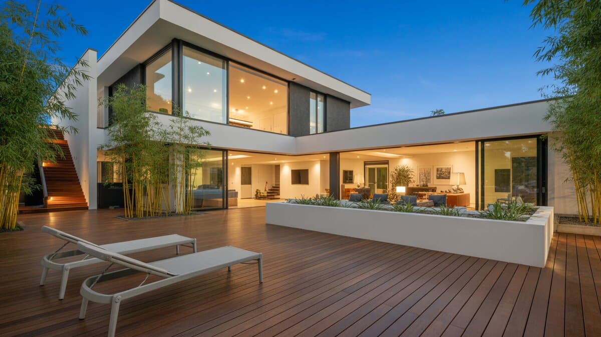 Ultra-modern two-story home with rich hardwood deck, two white chaise lounges and bamboo plants at dusk