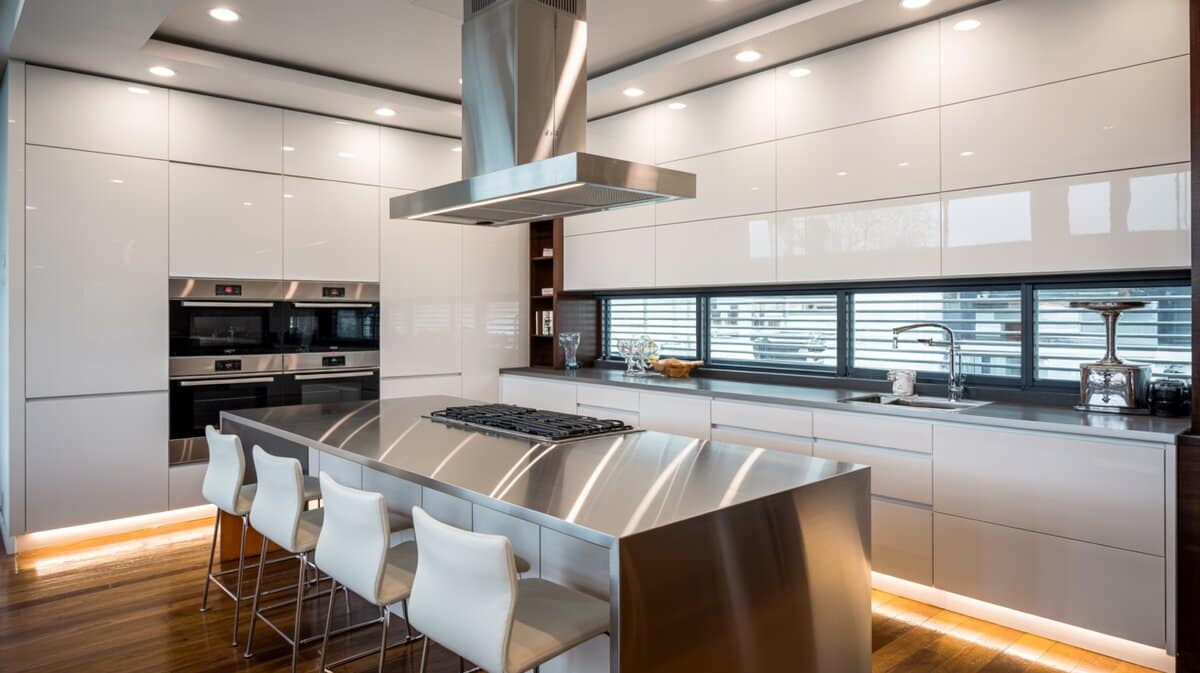 Ultra-modern high-gloss white kitchen with oversized stainless steel island countertop and strip window