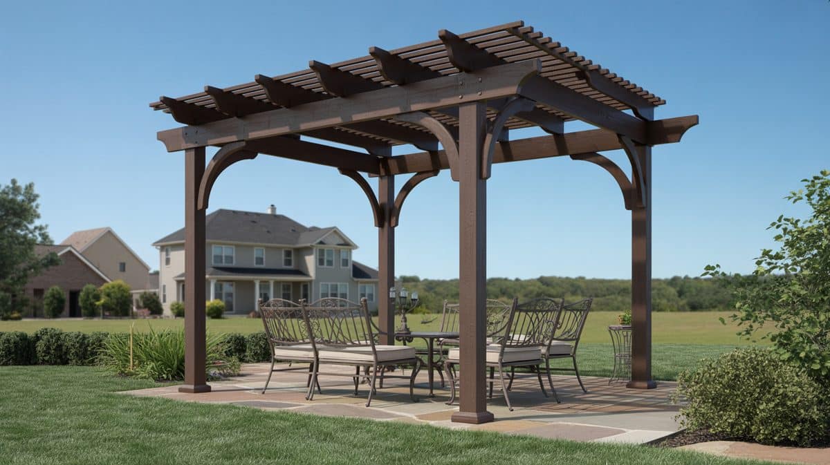 Walnut Pergola String Lights Ceiling Fan Stone Bases Flagstone Patio