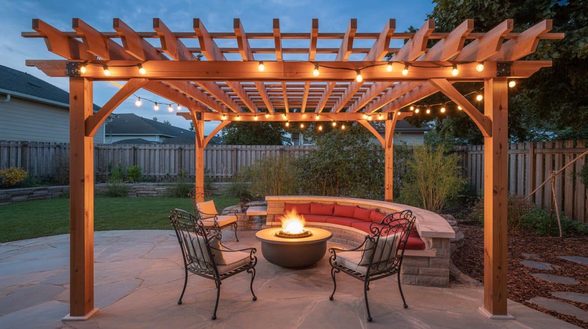 Warm Cedar Round Pool Pergola Lounge Chairs Tropical Resort