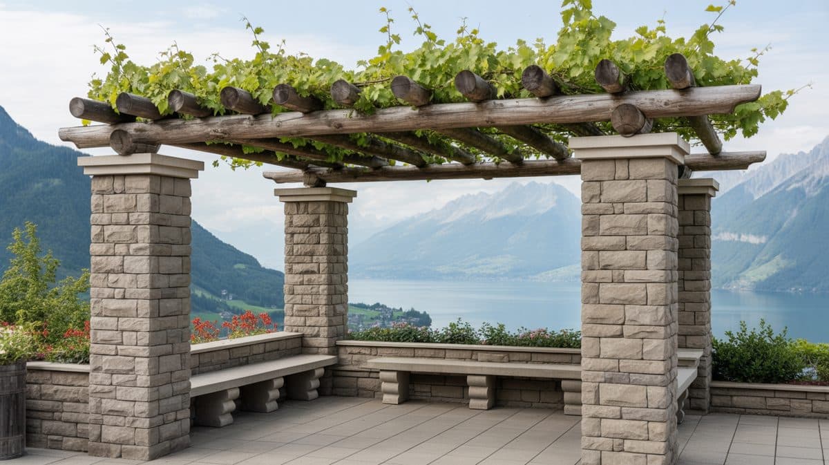 Weathered Gray Pergola Ionic Columns Brick Courtyard Iron Dining