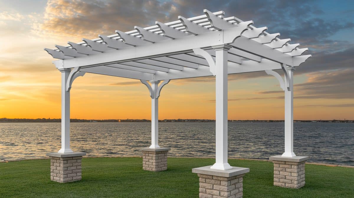 White Concrete Pergola Pool Black Lounge Chairs Minimalist Desert