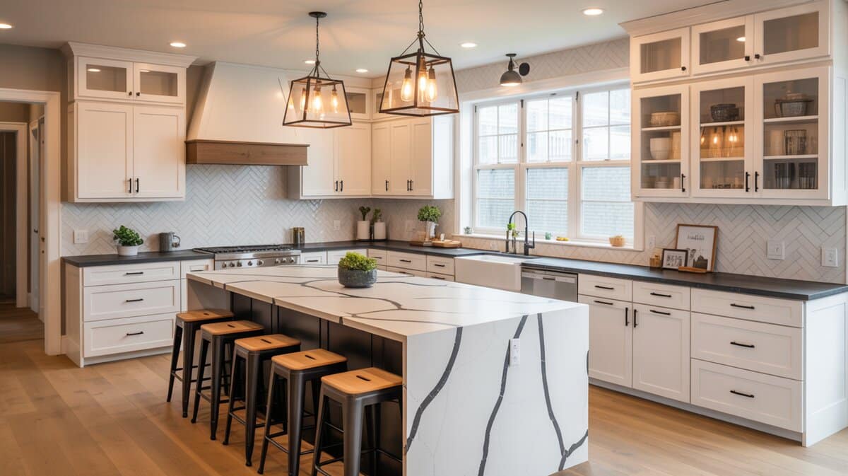 Modern farmhouse kitchen with white cabinets and bold black marble peninsula countertop