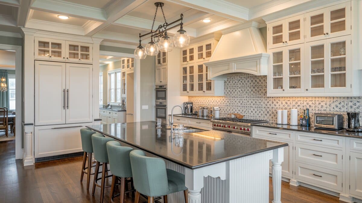 White kitchen with soaring coffered ceiling black granite island and teal upholstered barstools