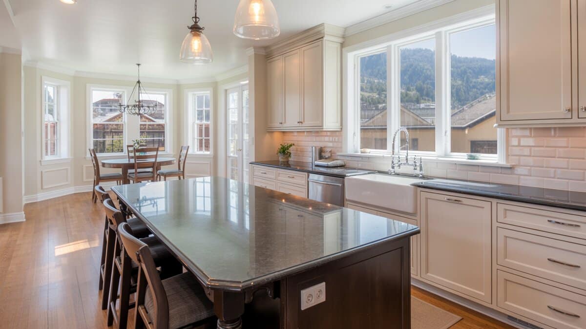 White shaker kitchen with dark espresso island and polished black granite bullnose edge countertop