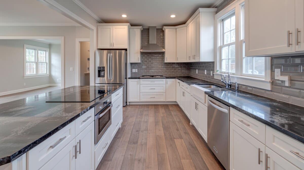 Modern white shaker kitchen with dark gray veined granite countertops and gray subway tile