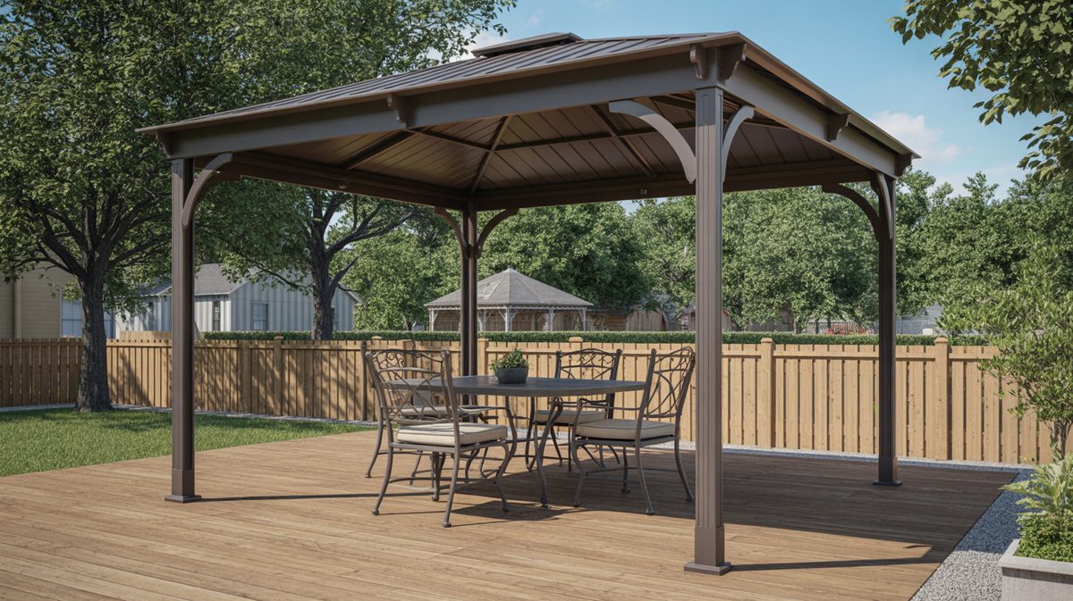 White Vinyl Pergola Lattice Sides Wicker Dining Paver Flower Garden