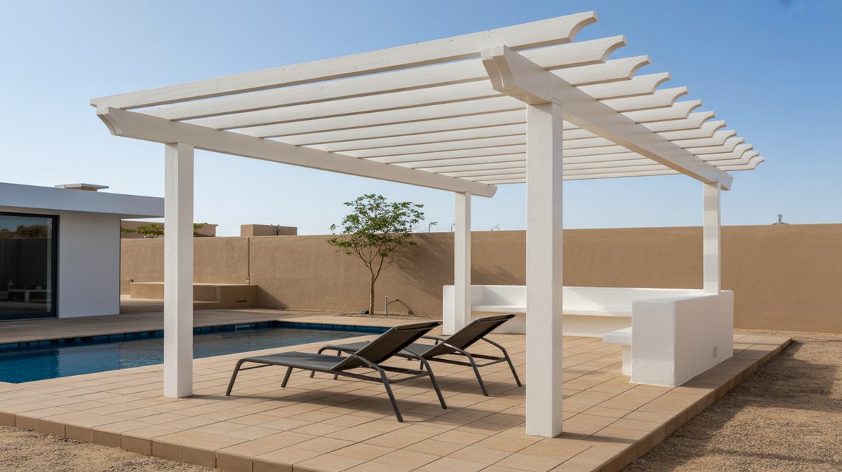 White Vinyl Pergola Ornate Finials Stone Bases Sunset Waterfront