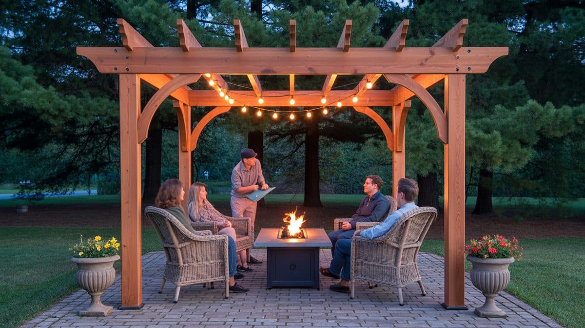White Vinyl Pergola Rolldown Shades Iron Dining Paver Backyard